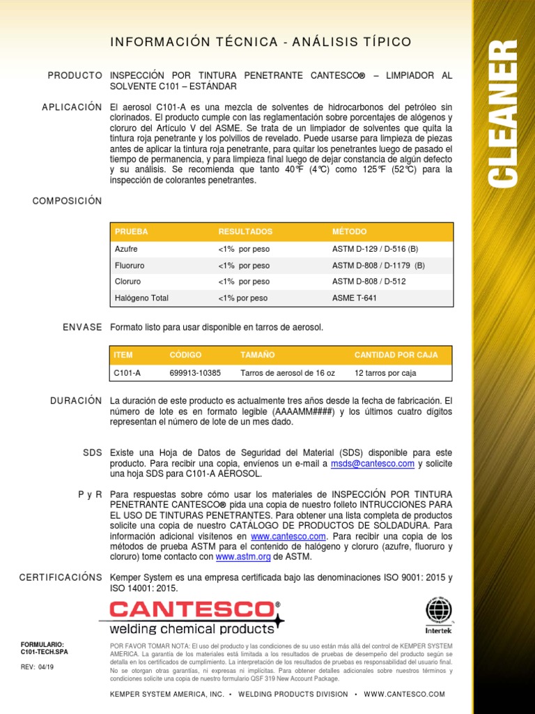 Limpiador Solvente C101-A para Inspección | PDF | Productos quimicos ...