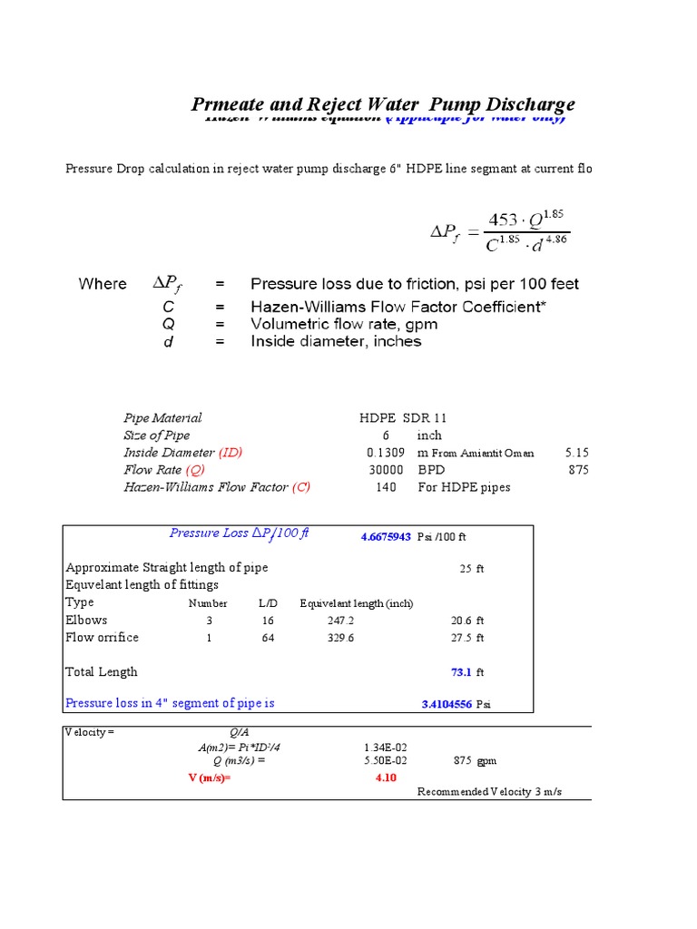 Pressure Drop Calculation - 6 Inch Permeate and Reject Pump | PDF
