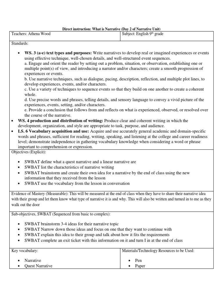Lesson Plan 1 Narrative Unit | PDF | Narrative | Vocabulary