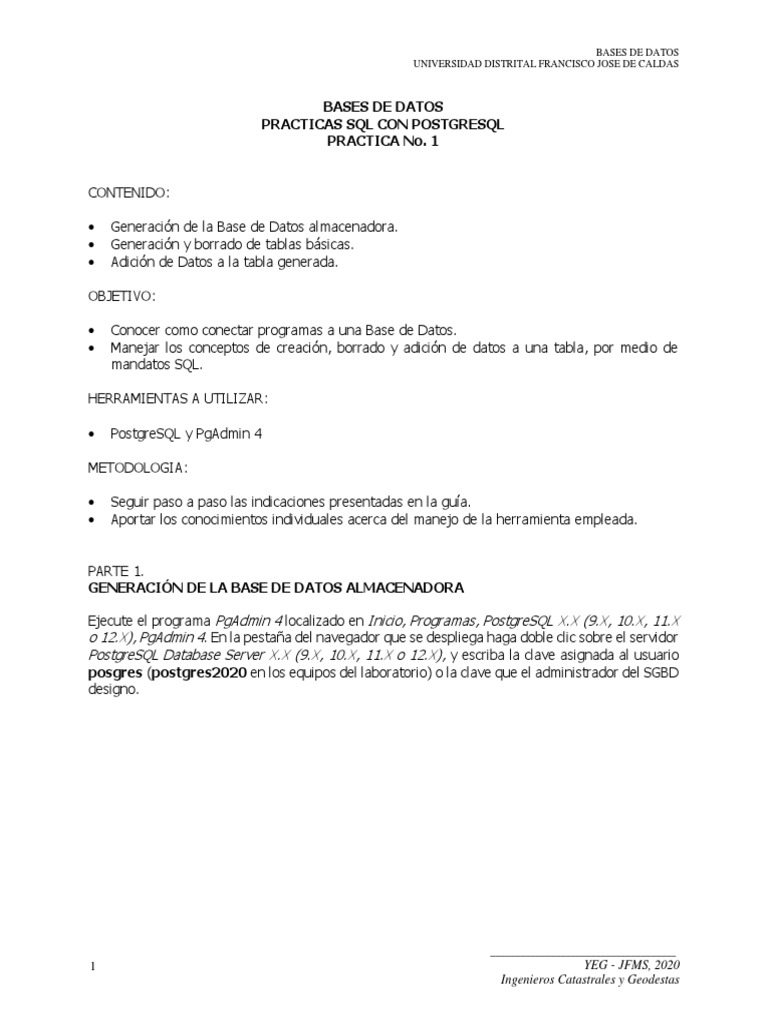 Practica No 01 - Bases de Datos 2020 | PDF | SQL | Postgre Sql