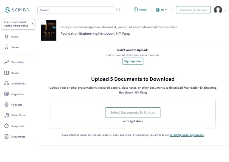 Upload 5 Documents To Download Foundation Engineering Handbook, H.Y