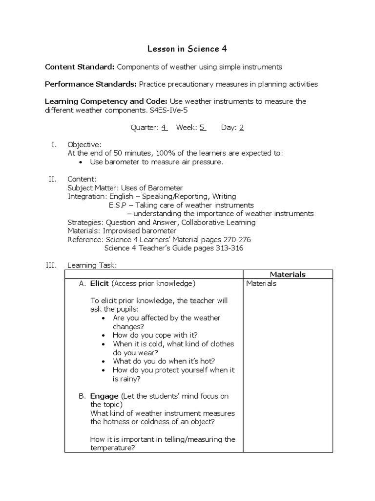 Weather Instruments Lesson Plan for Grade 4 | PDF | Weather | Teachers