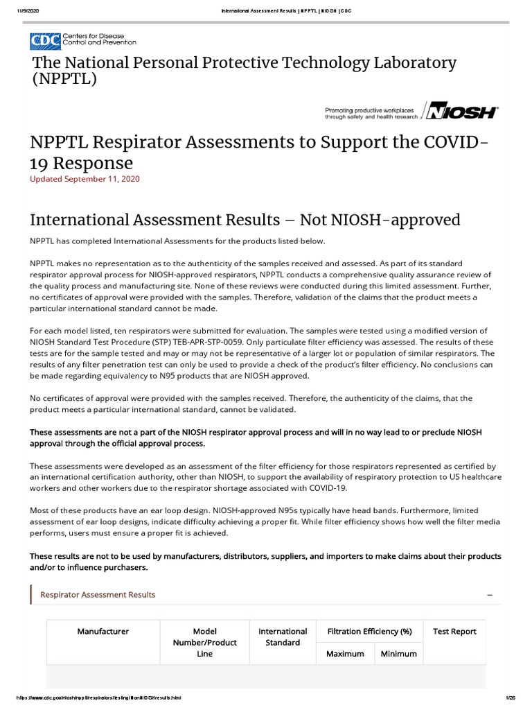 International Assessment Results - NPPTL - NIOSH - CDC PDF | PDF ...