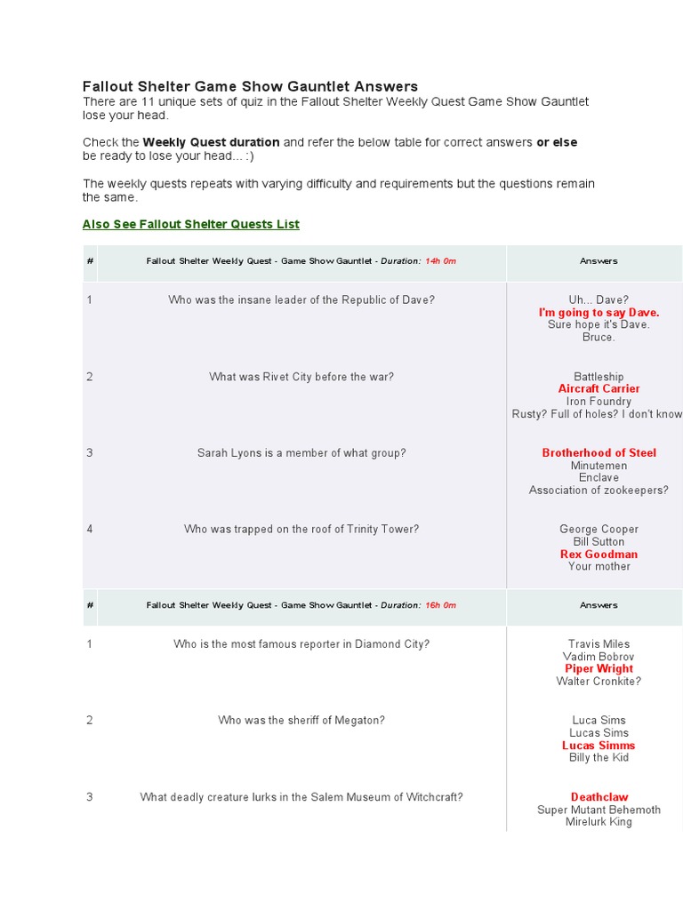 Fallout Shelter Game Show Gauntlet Answers to Weekly Quest Trivia