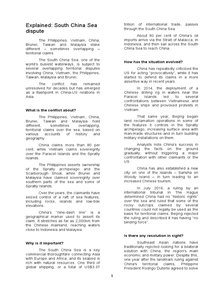 Explained SOUTH CHINA SEA DISPUTE | PDF | South China Sea | Politics Of ...