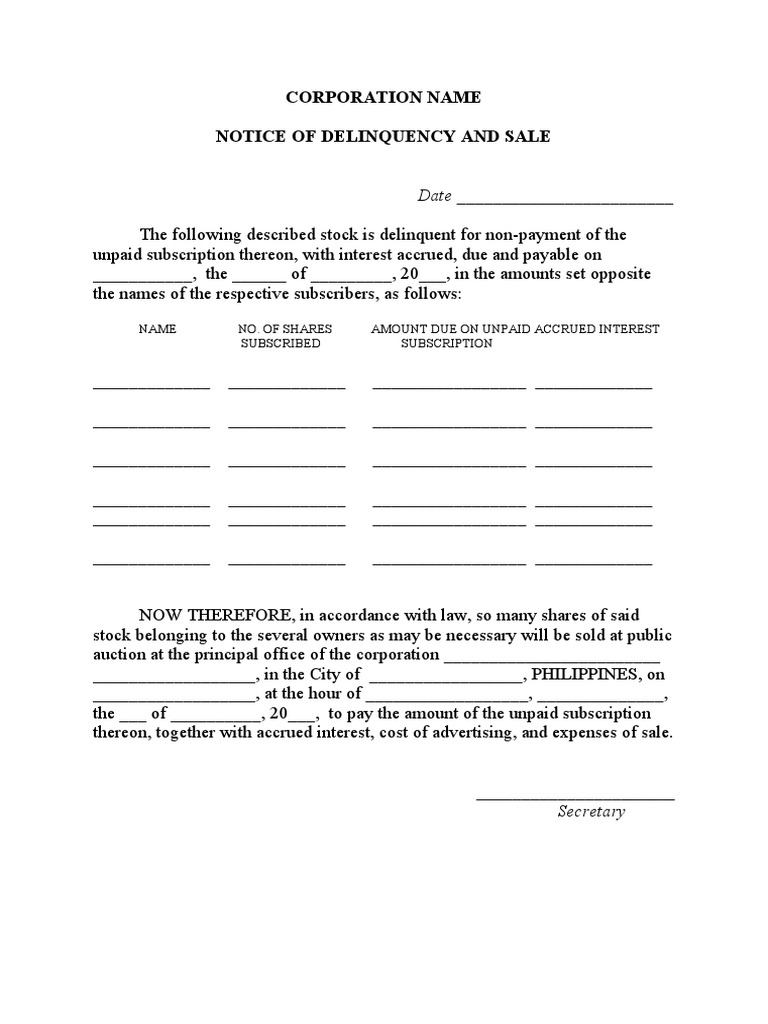 Corporation Name Notice of Delinquency and Sale Date PDF