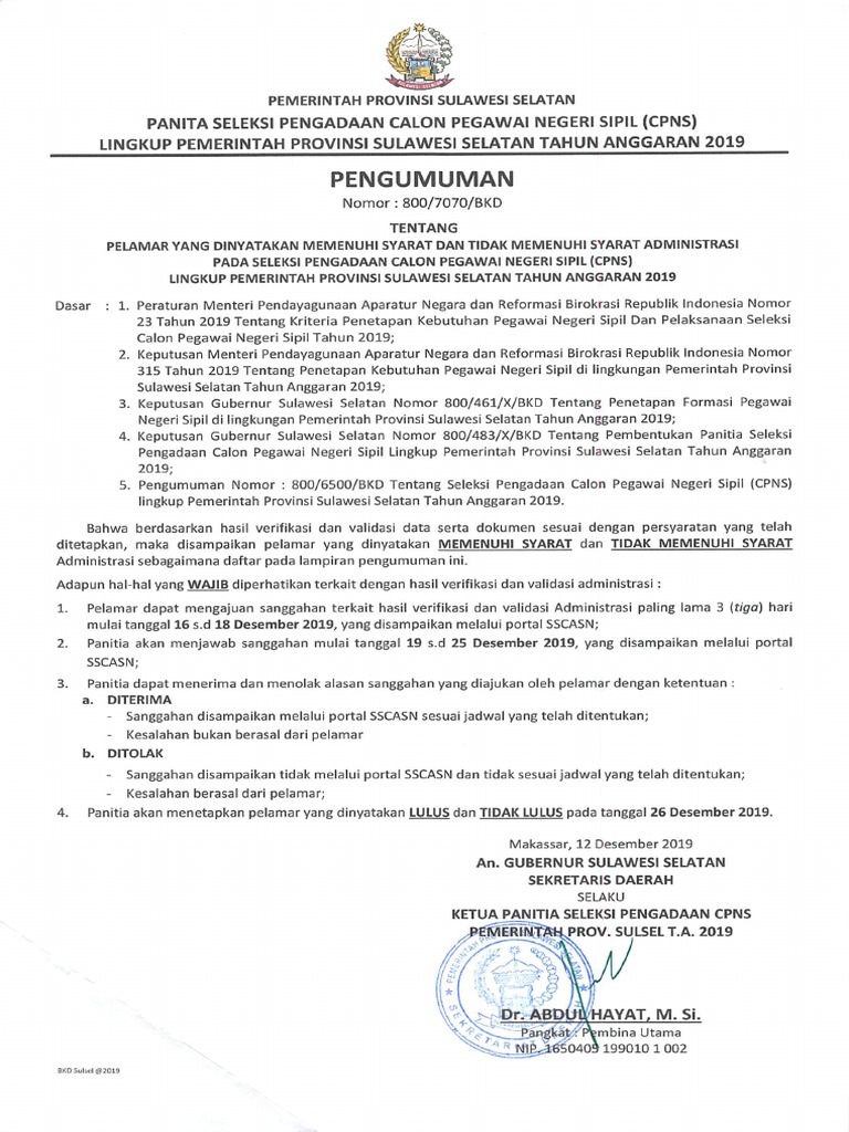 Pengumuman Cpns Pemprov Sumsel