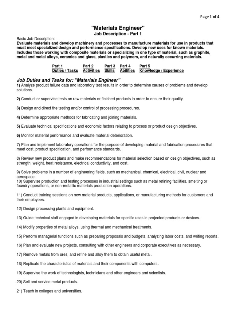Materials Engineer Job Description | PDF | Design | Reason