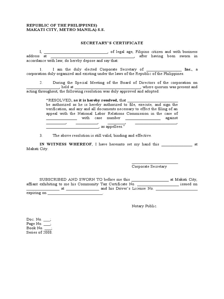 Secretary's Certificate for Corporate Resolution | PDF