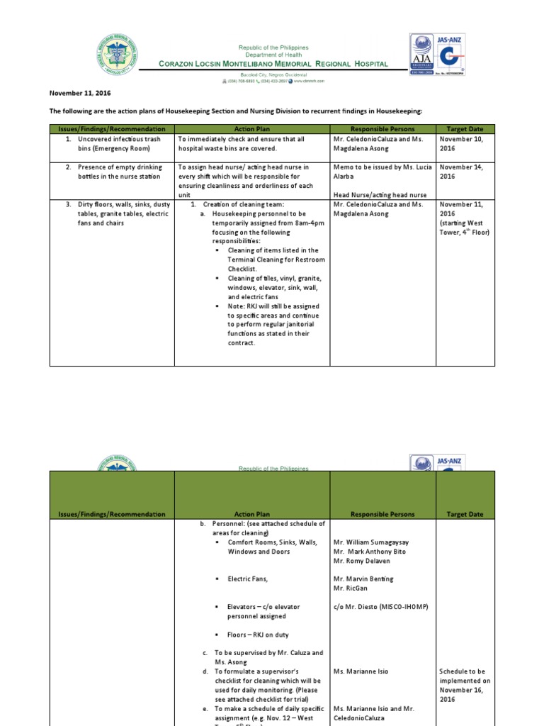 Housekeeping Action Plans for Hospital Cleanliness | PDF | Janitorial ...