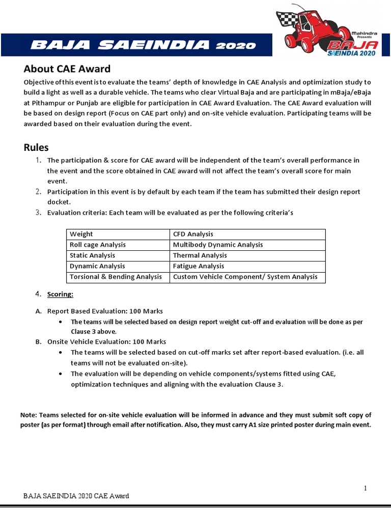 BAJA SAEINDIA 2020 CAE Award Event Guidelines | PDF