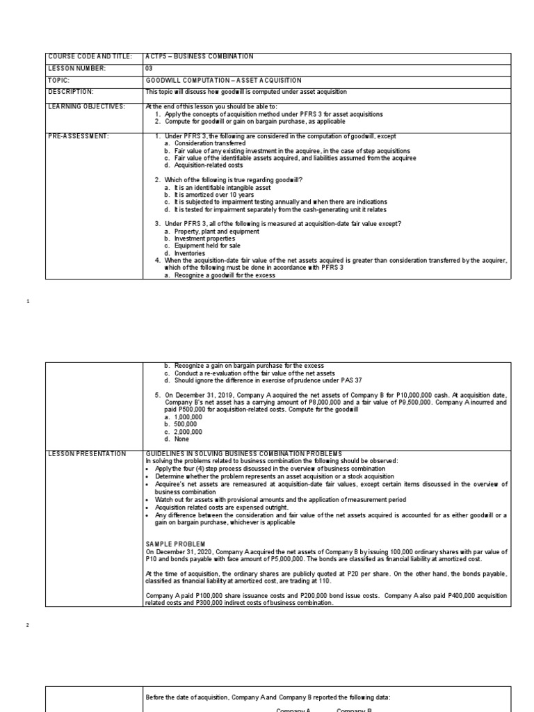 Business Combination Module 3 PDF Goodwill (Accounting) Book Value