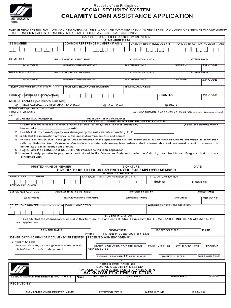SSS Calamity Loan Application Form PDF Identity Document Government