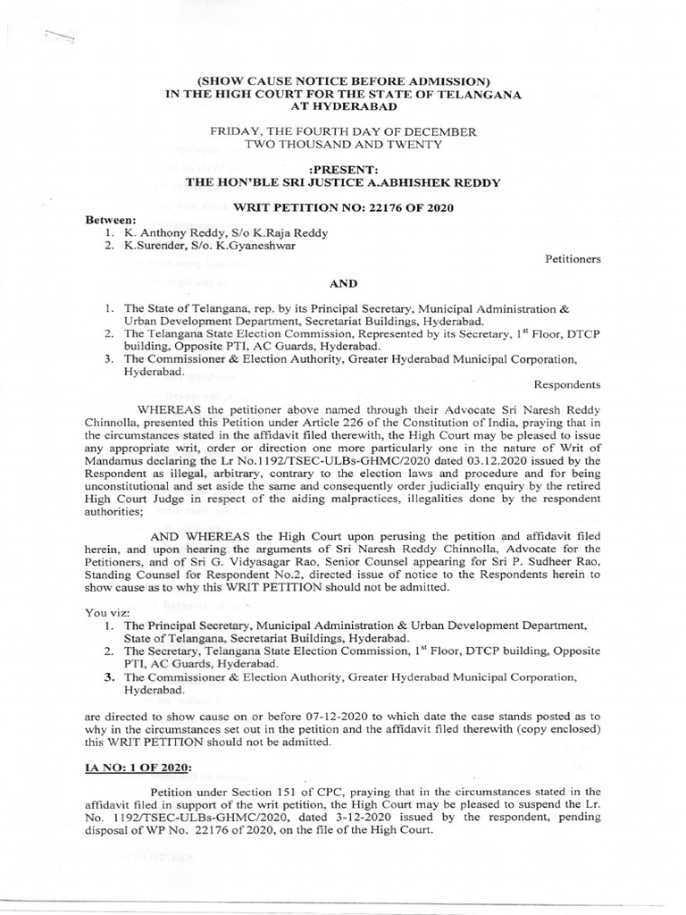 Telangan HC On SEC Interim Order PDF Mandamus Writ