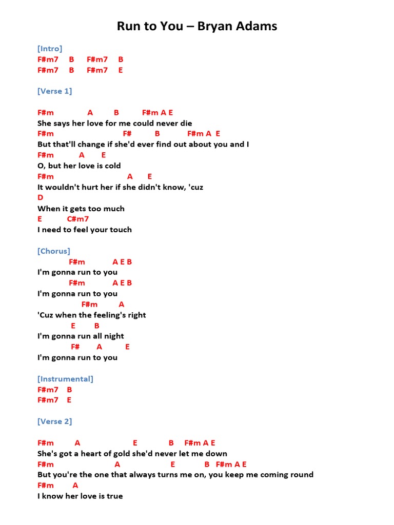Bryan Adams - Run to You Chords | PDF | Poetry