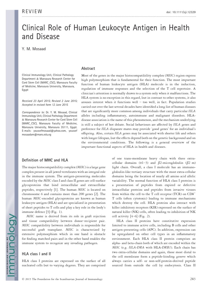 Clinical Role of Human Leukocyte Antigen in Health and Disease | PDF ...