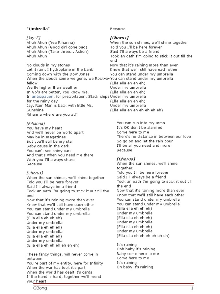 Umbrella song lyrics n worksheet Rain Leisure