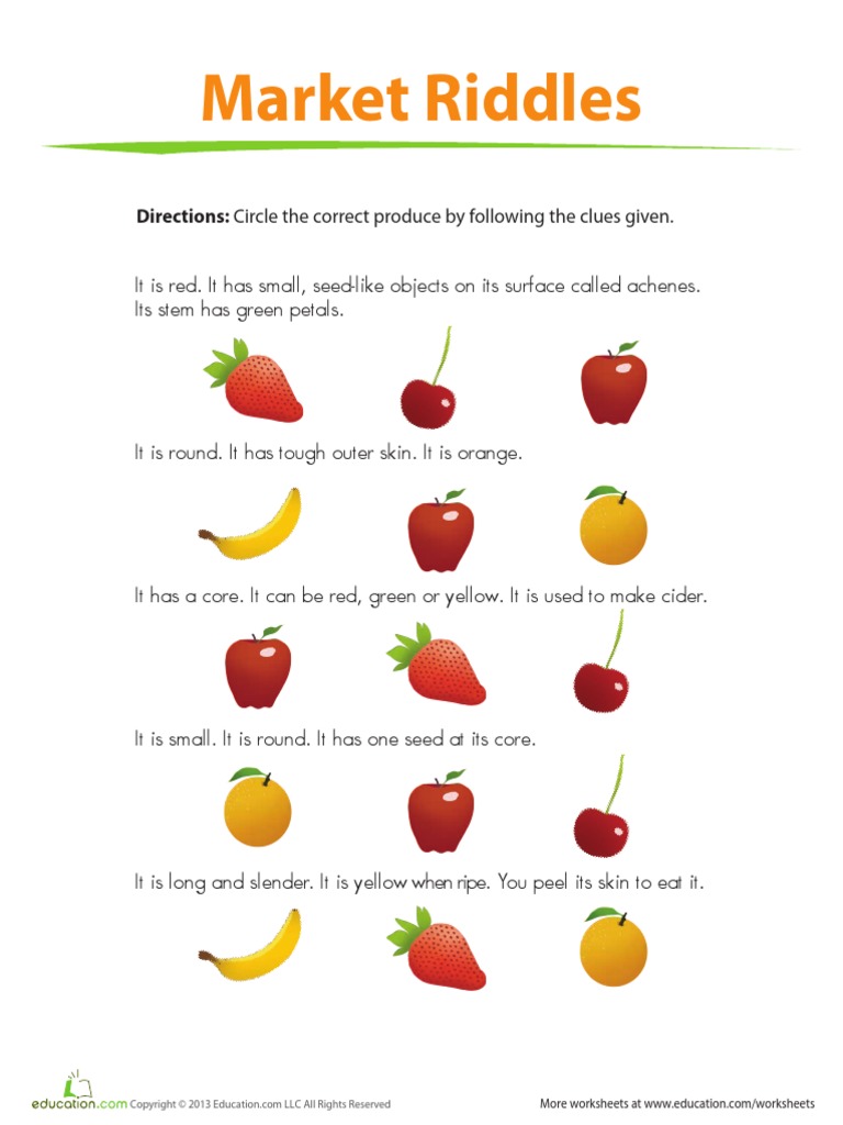 Market Riddles: Directions: Circle The Correct Produce by Following The ...
