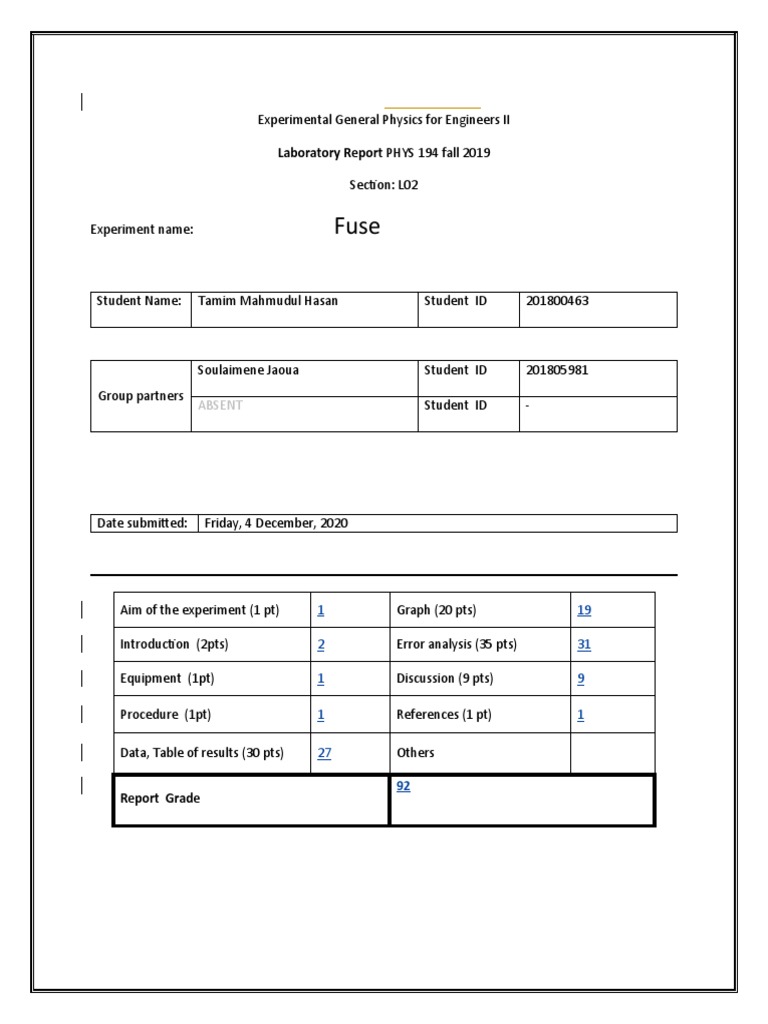 Laboratory Report PHYS 194 Fall 2019: Absent | PDF | Fuse (Electrical ...