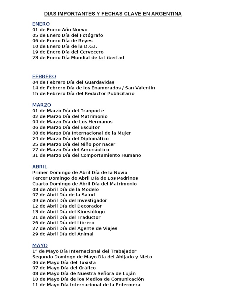 DIAS IMPORTANTES Y FECHAS CLAVE EN ARGENTINA