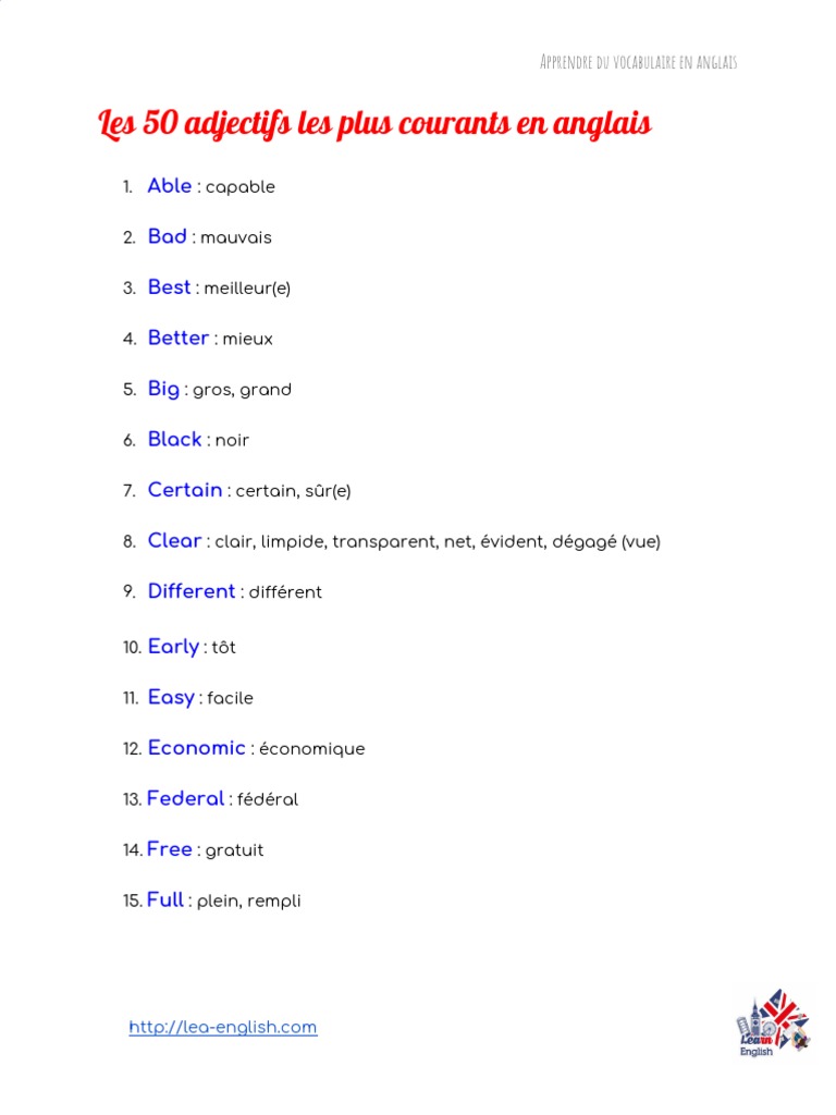 100 Adjectifs Les Plus Utilises En Anglais Les 50 Adjectifs Les Plus Courants en Anglais | PDF | Théorie (échecs) |  Échecs