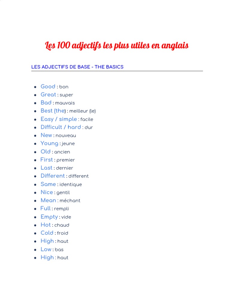 Les 100 Adjectifs Les Plus Utilisés En Anglais Pdf Les 100 Adjectifs Les Plus Utiles en Anglais | PDF | Expérience subjective  | Émotions