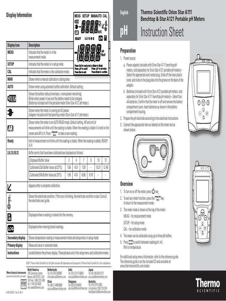 Orion Star A111 Star A121 PH Meter IS 267278001 B Ph