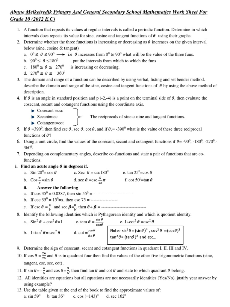 Grade 10 Trigonometry Worksheet | PDF | Trigonometric Functions | Sine