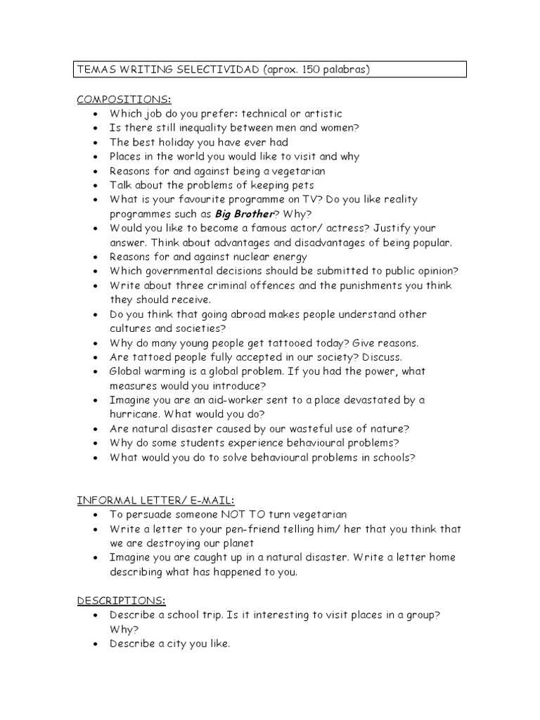 Temas Writing Selectividad | PDF