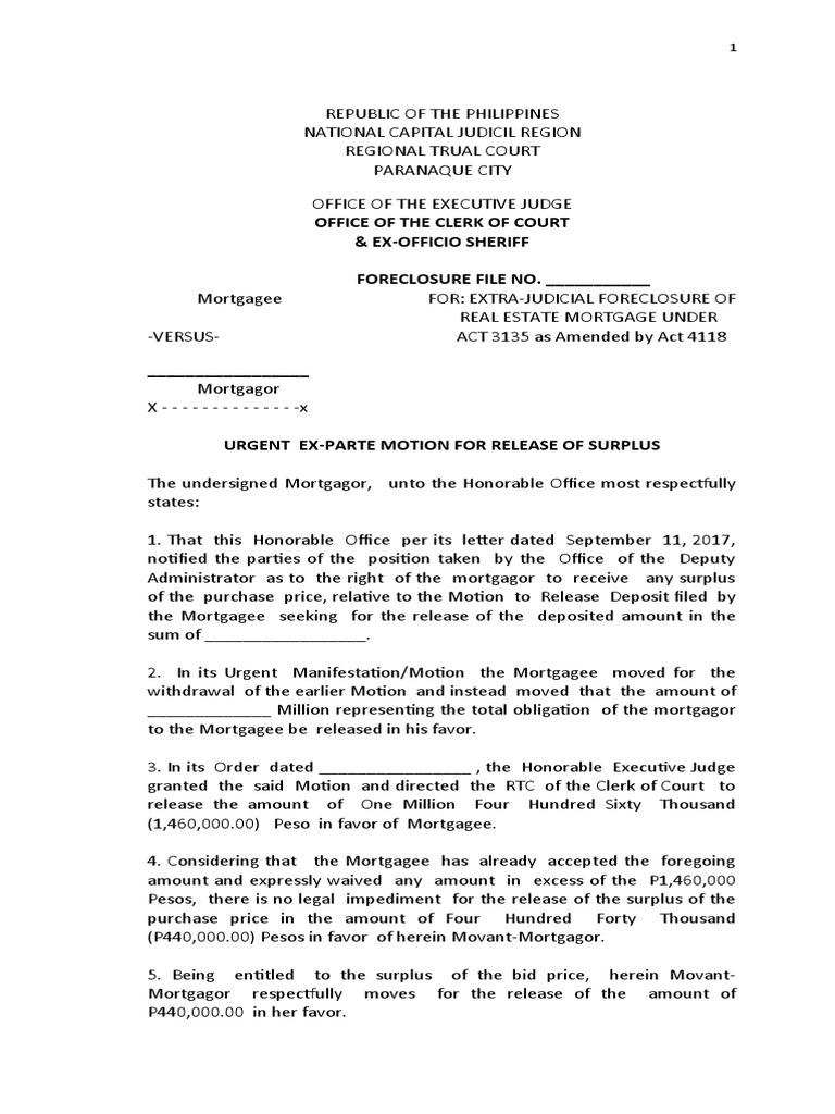 Sample Motion For Release of Surplus of Bid Price | PDF | Mortgage Law ...