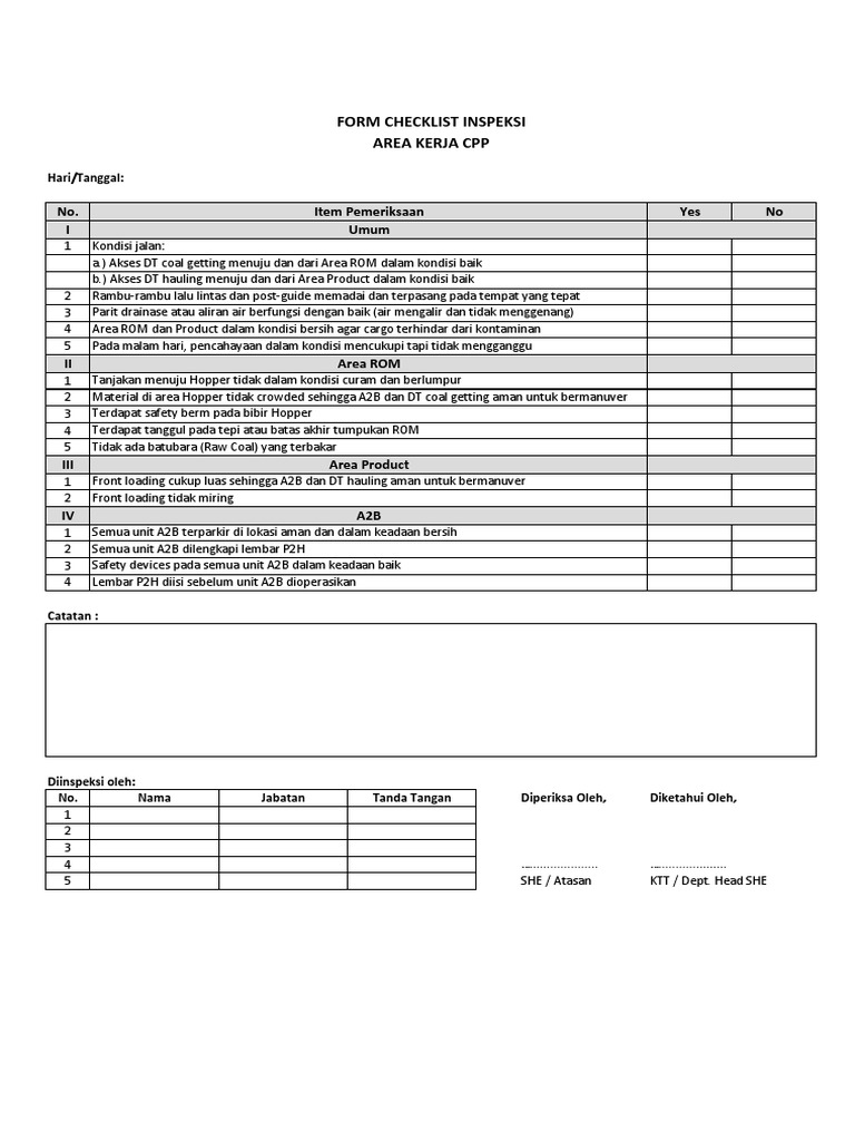 Form Checklist Inspeksi Area Kerja | PDF