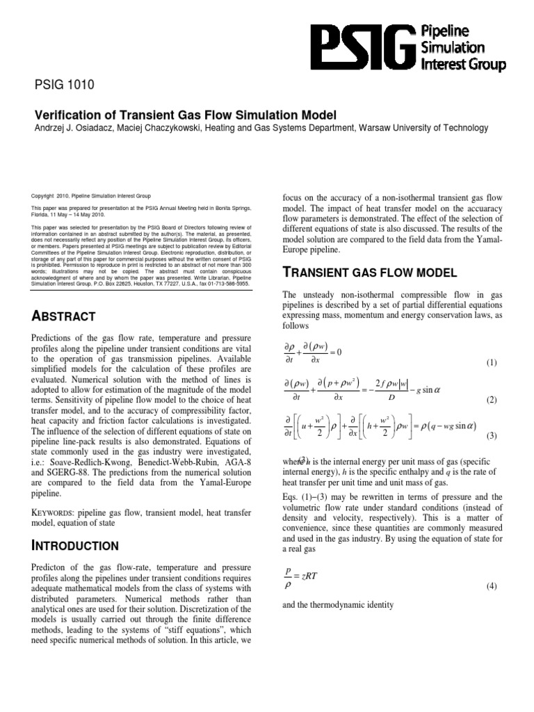 Verification of Transient Gas Flow Simulation Model: PSIG 1010 | PDF ...