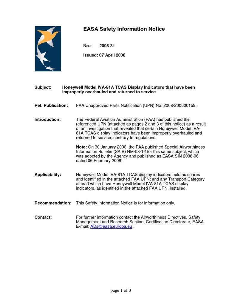 EASA Safety Information Notice Page 1 of 3 PDF Federal Aviation Administration Transport