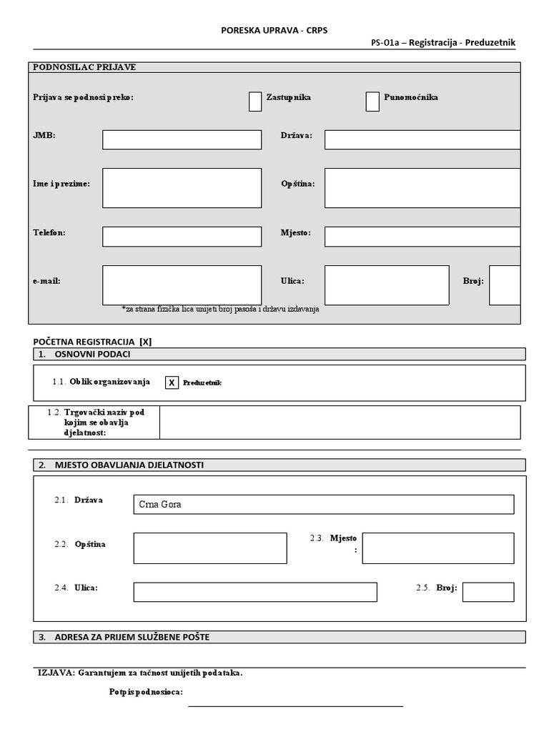 PS-01a - Registracija - Preduzetnik: Poreska Uprava - Crps | PDF
