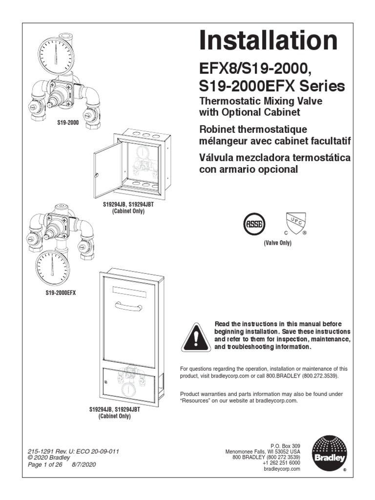 Installation Thermostatic Mixing Valve EFX8 S192000 S192000EFX