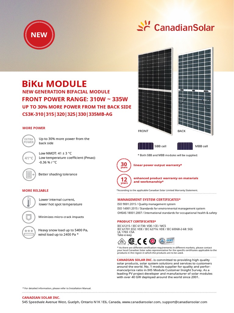 Canadian Solar CS3K Bifacial Module Specs | PDF | Solar Panel ...