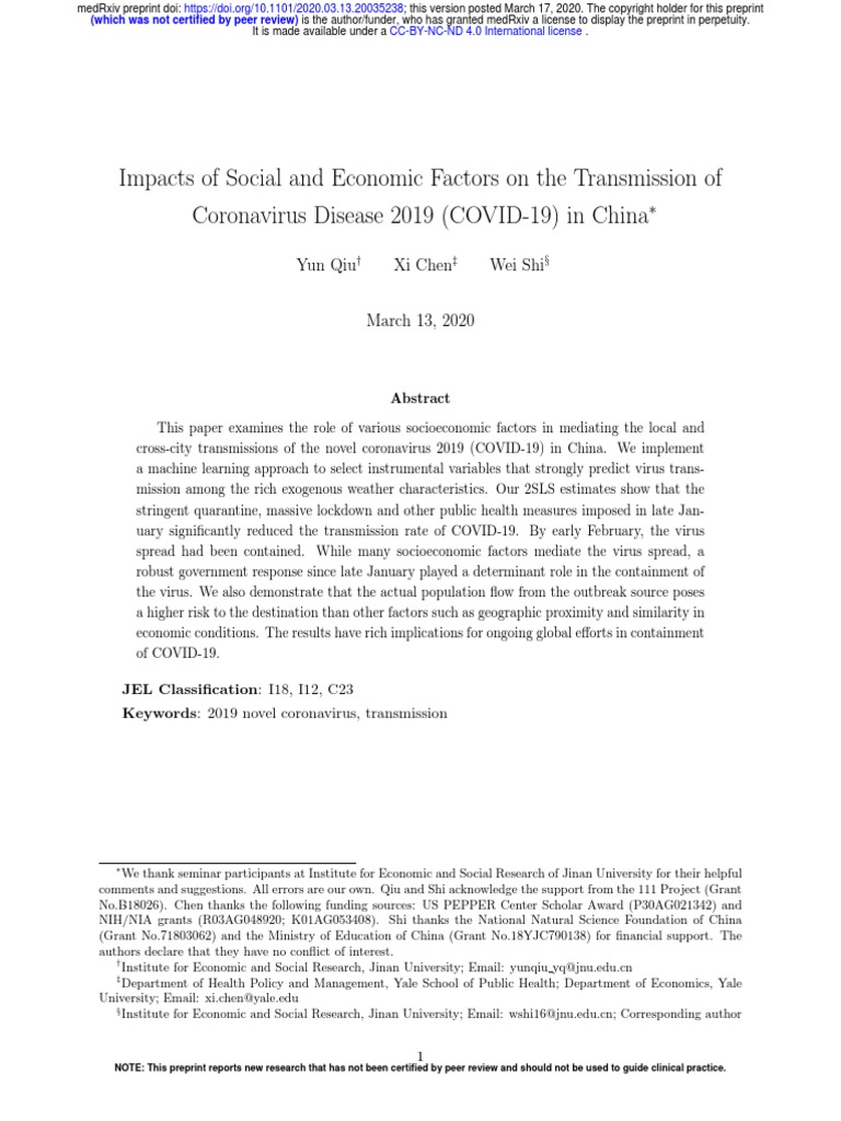 Impacts of Social and Economic Factors On The Transmission of ...