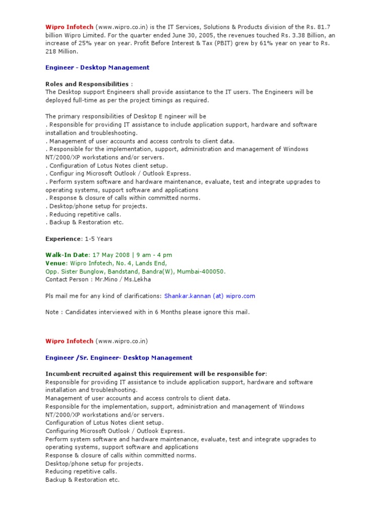 Wipro Desktop Support Engineer Roles | PDF | Operating System ...