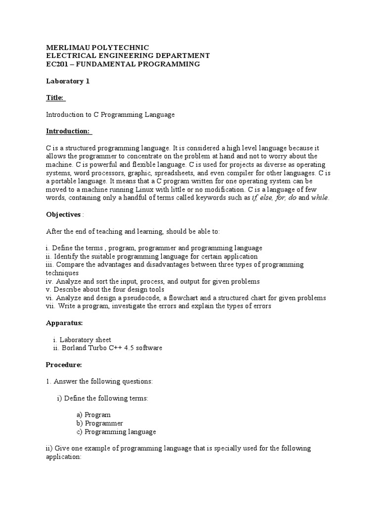 C Programming Fundamentals Lab Guide | PDF | Computer Programming ...