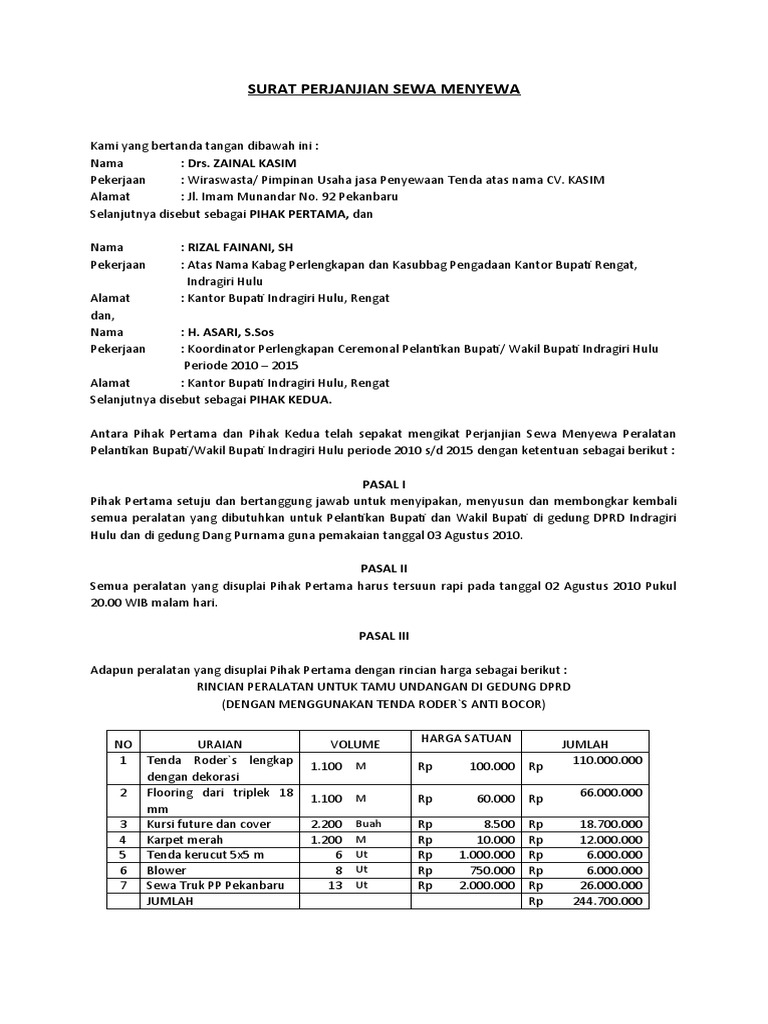 Surat Perjanjian Sewa Peralatan