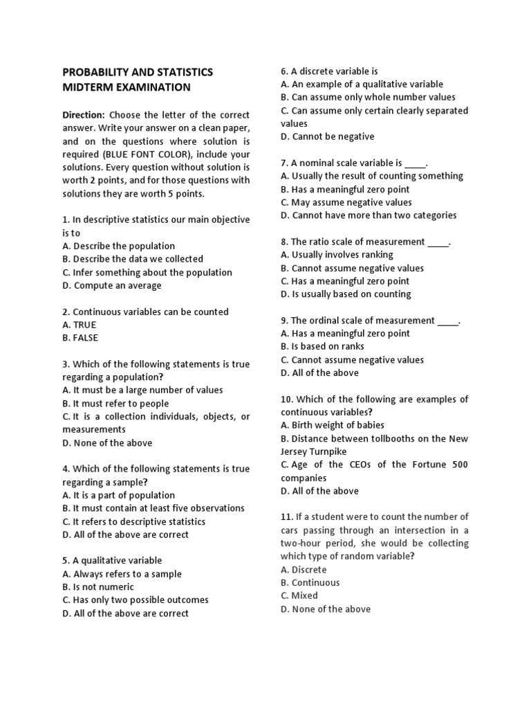 Probability and Statistics Midterm Exam | PDF | Mode (Statistics ...
