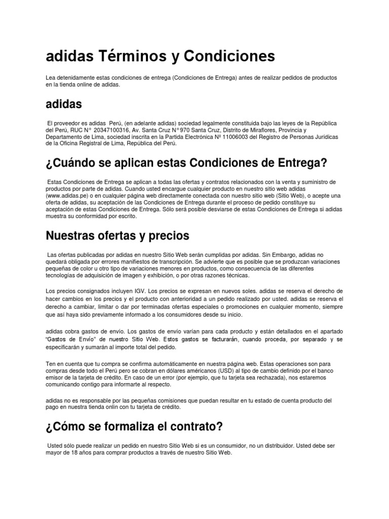 Eficacia evaporación Sastre Terminos y Condiciones Adidas Peru PDF | PDF | Perú | Tarjeta de crédito