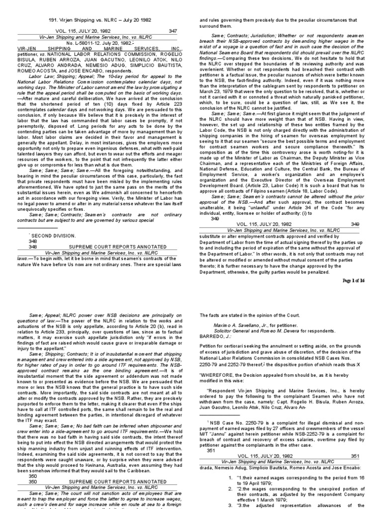 Virjen Shipping vs. NLRC - July 20 1982 | PDF | Jurisdiction | Employment