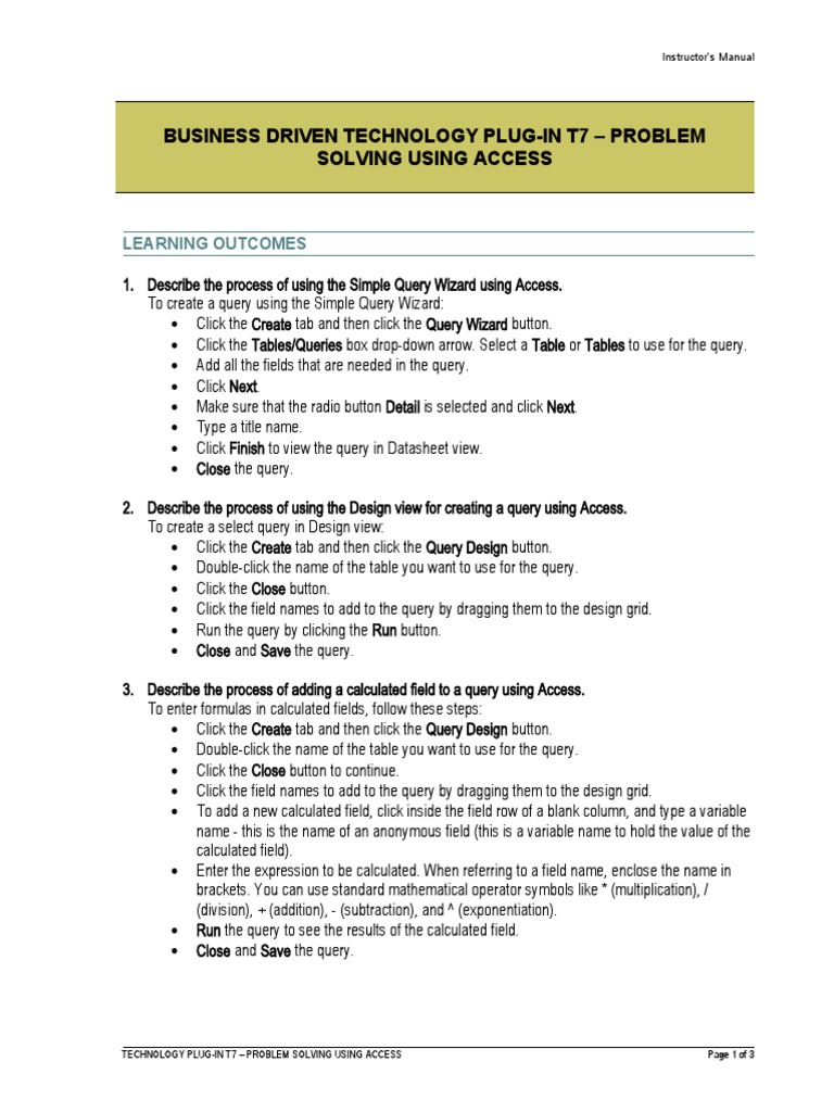 Business Driven Technology Plug-In T7 - Problem Solving Using Access ...