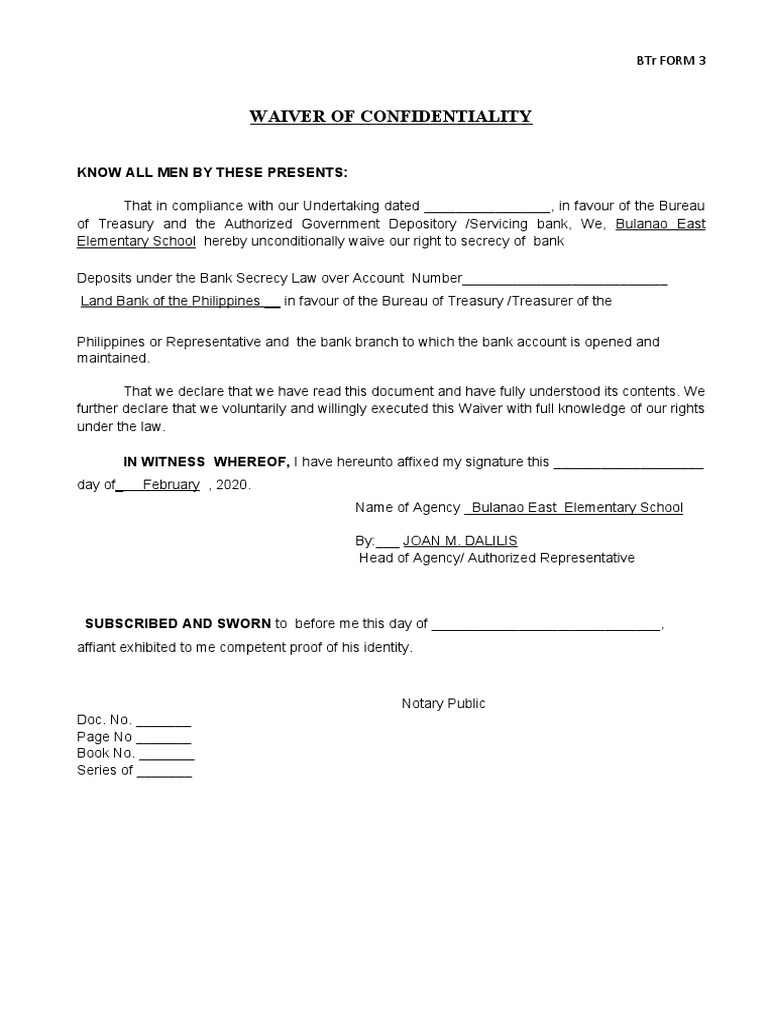 BTr Form 3: Confidentiality Waiver | PDF | Finance & Money Management