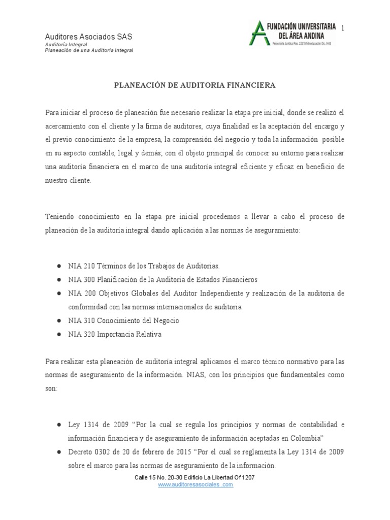 Planeación de Auditoría Financiera Integral | PDF | Auditoría | Contralor
