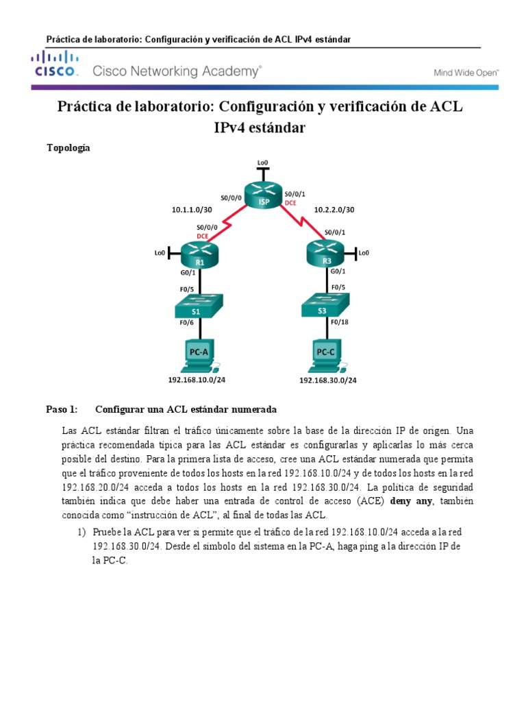 Configuración de ACL IPv4 en Packet Tracer | PDF | Dirección IP ...