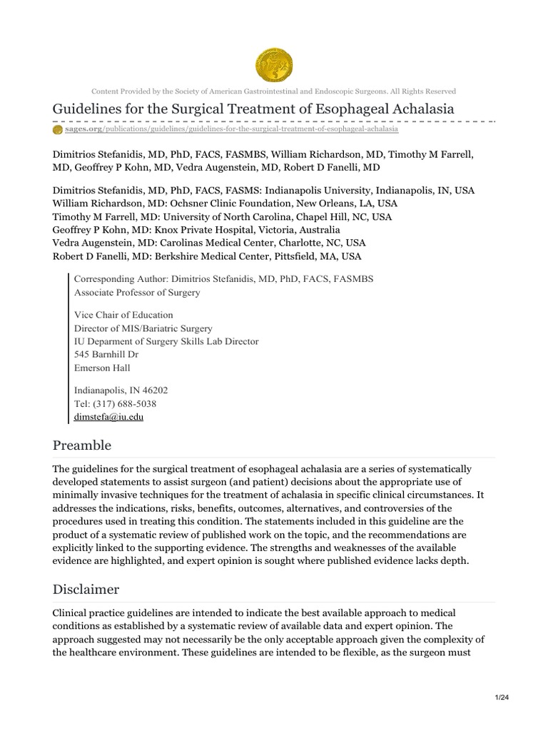 Guidelines For The Surgical Treatment of Esophageal Achalasia PDF | PDF ...