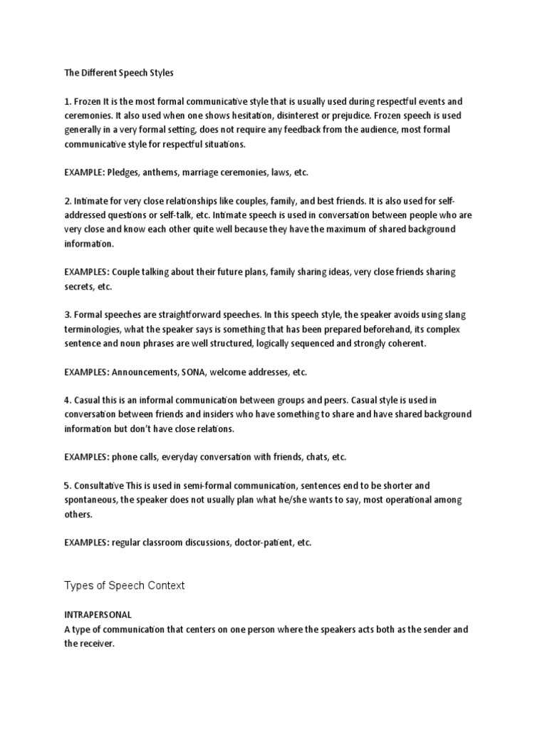 The Different Speech Styles Pdf Interpersonal Communication