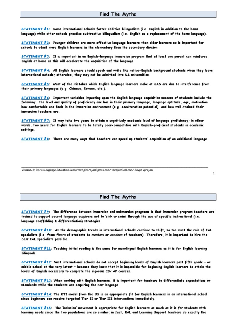 Find The Myths: Statement #1 | PDF | English As A Second Or Foreign